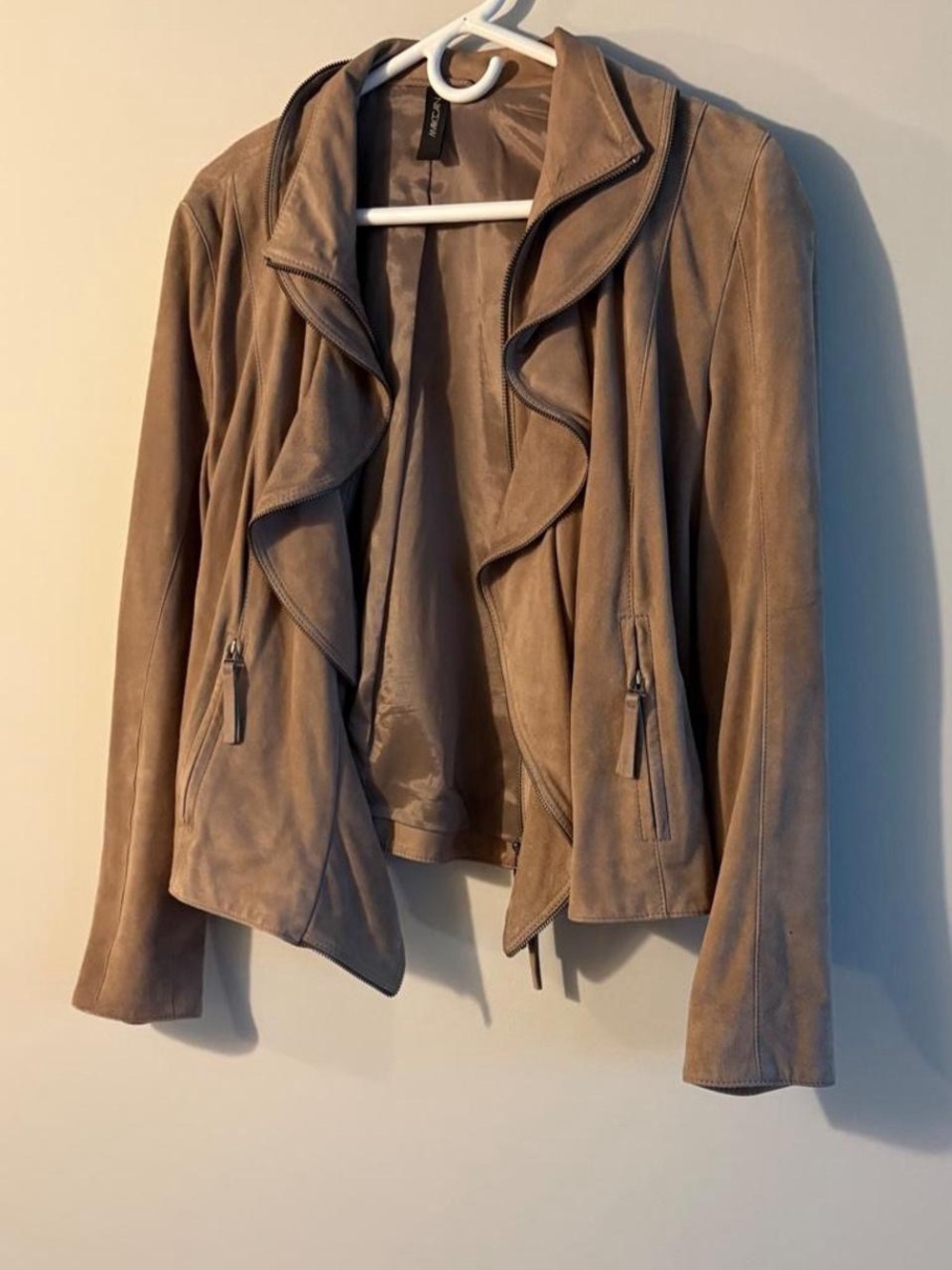 Marc Cain Taupe Suede Ruffle Front Leather Jacket - Picture 1 of 4